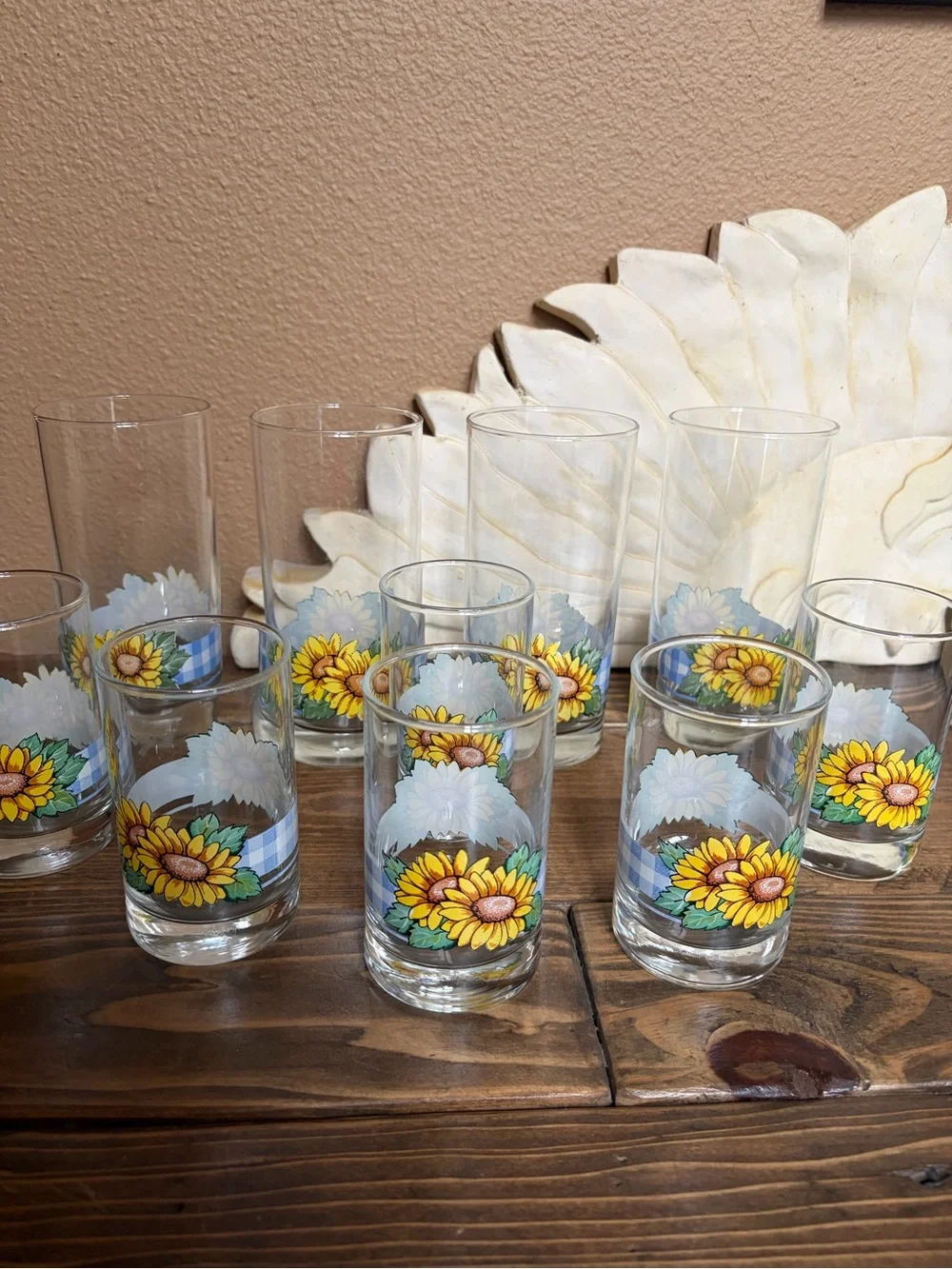 Corelle Vintage Sunflower Blue Plaid Print Drinking Glasses lot of 10!